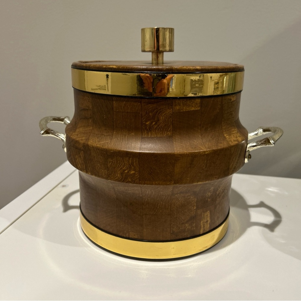 1960's Vintage Mid Century Modern  Vinyl Faux Wood Ice Bucket 9.5" Tall